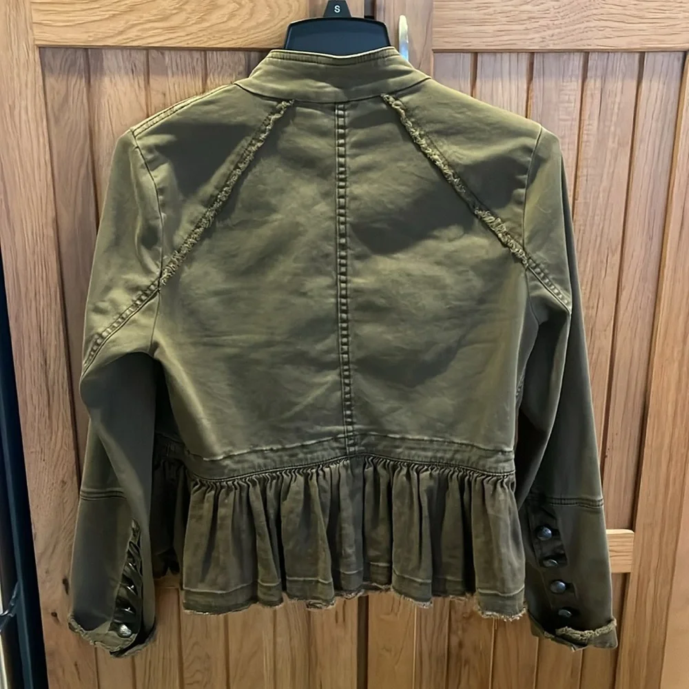 Free People olive green denim military style ruffle jacket - Picture 6 of 12